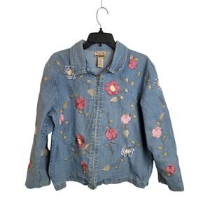 United Apparel Blue Denim Embroidered Floral Zip Front Jacket Women's Size Large